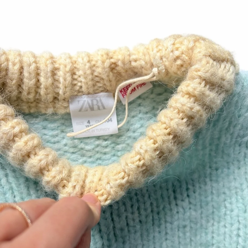 Zara Kids Contrast Trim Super Soft Knit Sweater Mint Blue Cream Girls Size 4